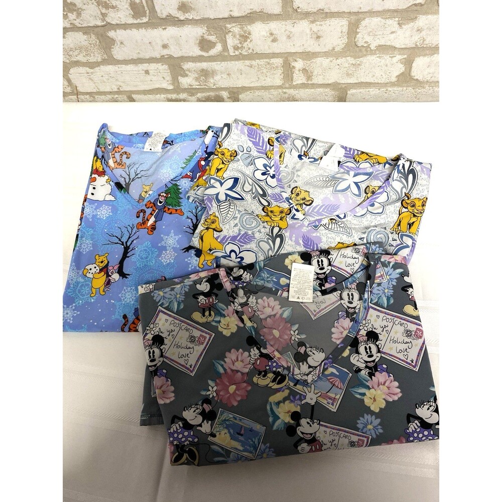 Disney Scrub Top Lot – 3pc Winnie the Pooh & Minnie / Lion King Cartoon Print 2X